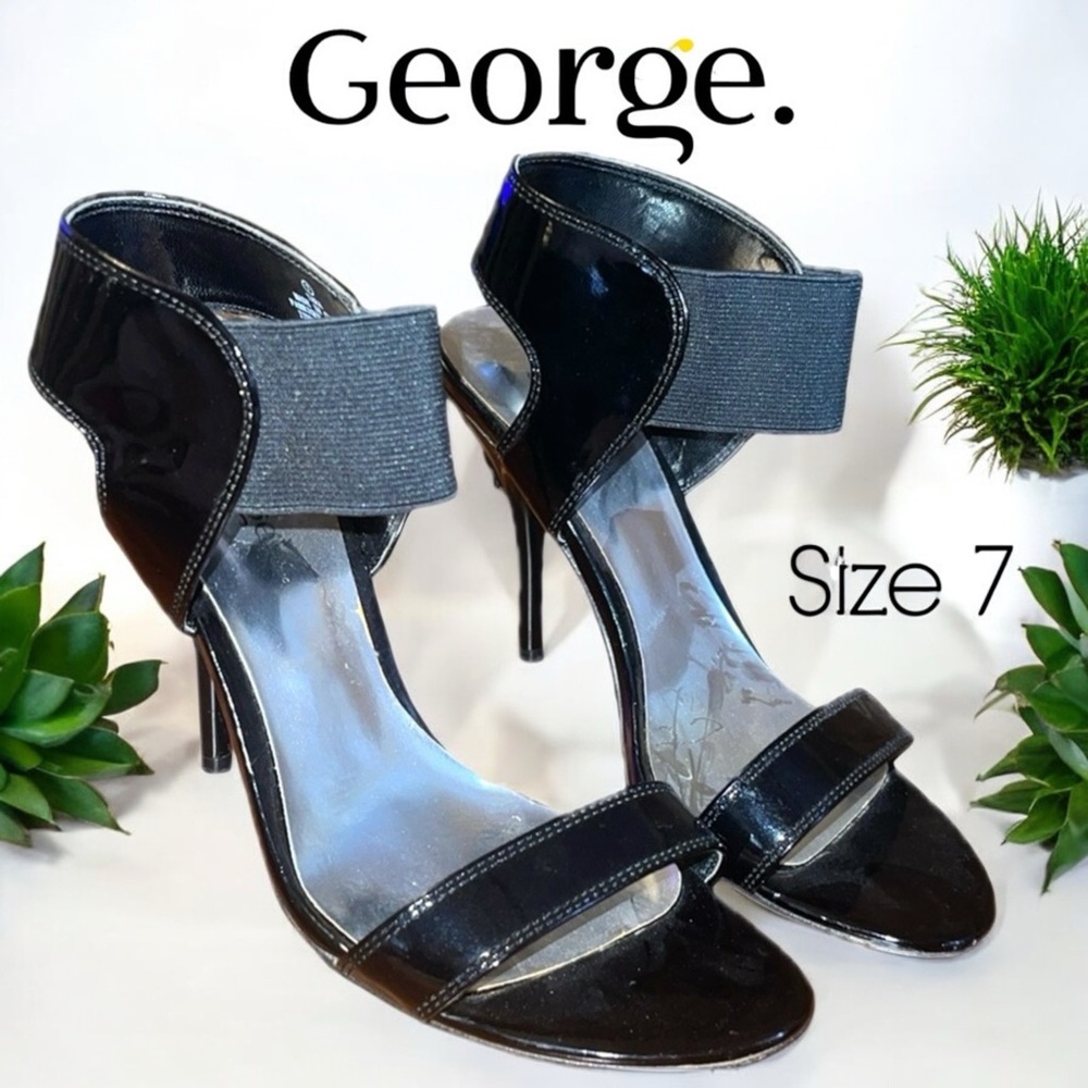 George “Tara” Black Patented Leather Elastic Ankle Strap Heels